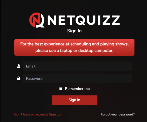 Netquizz login screen